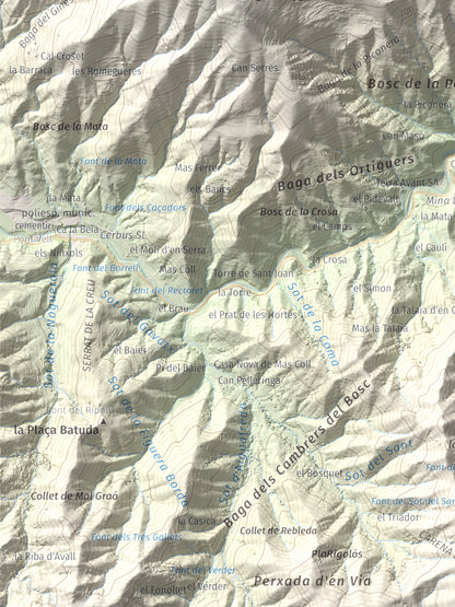Mapa de relieve de Puigdefrou, 839 m, Selva, lámina 100 Cims de Trobart. Detalle de la zona inferior izquierda. 30 × 40 cm.