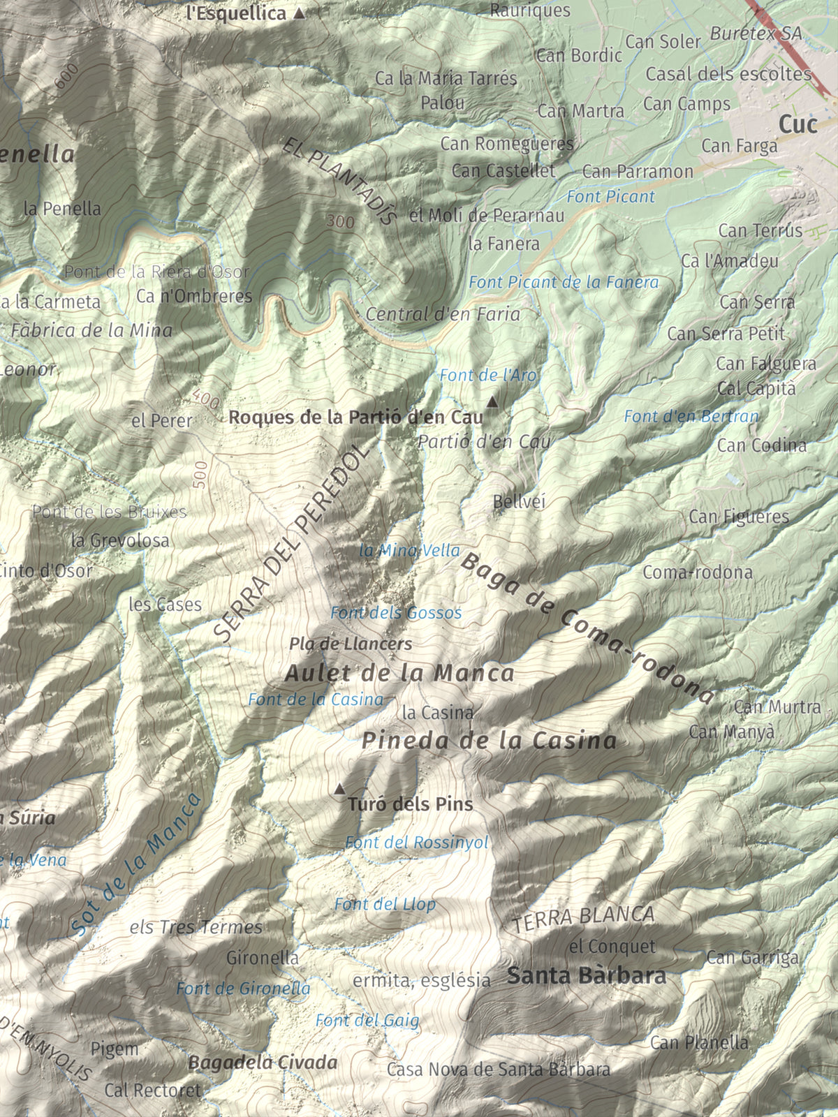 Mapa de relieve de Puigdefrou, 839 m, Selva, lámina 100 Cims de Trobart. Detalle de la zona inferior derecha. 30 × 40 cm.