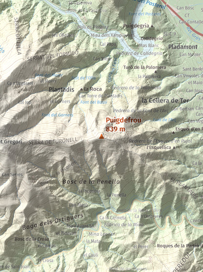 Mapa de relieve de Puigdefrou, 839 m, Selva, lámina 100 Cims de Trobart. Detalle de la zona central. 30 × 40 cm.