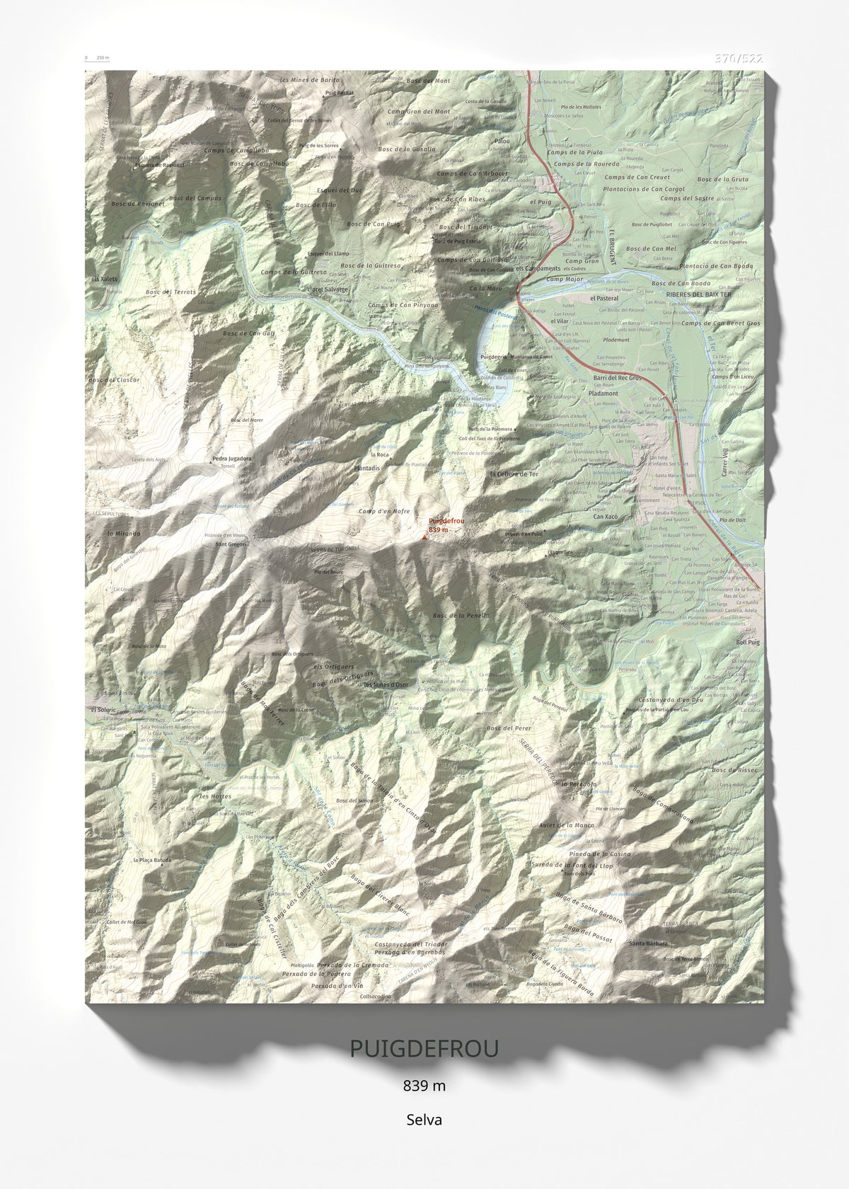 Mapa de relieve de Puigdefrou, 839 m, Selva, lámina 100 Cims de Trobart 50 × 70 cm.