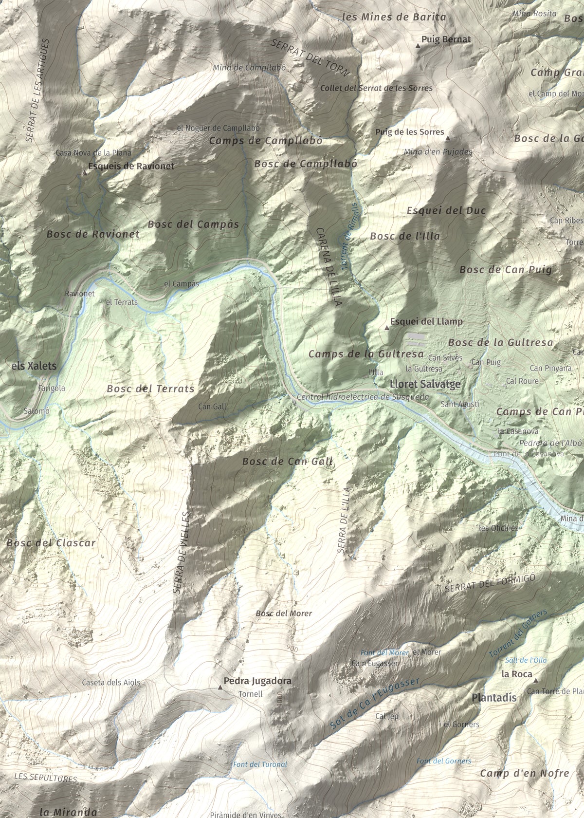 Mapa de relieve de Puigdefrou, 839 m, Selva, lámina 100 Cims de Trobart. Detalle de la zona superior izquierda. 50 × 70 cm.