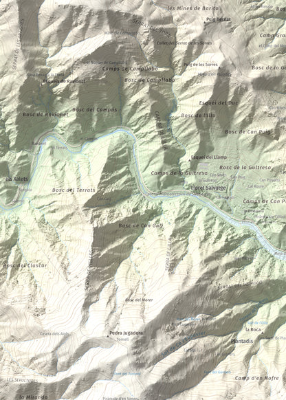 Mapa de relieve de Puigdefrou, 839 m, Selva, lámina 100 Cims de Trobart. Detalle de la zona superior izquierda. 50 × 70 cm.