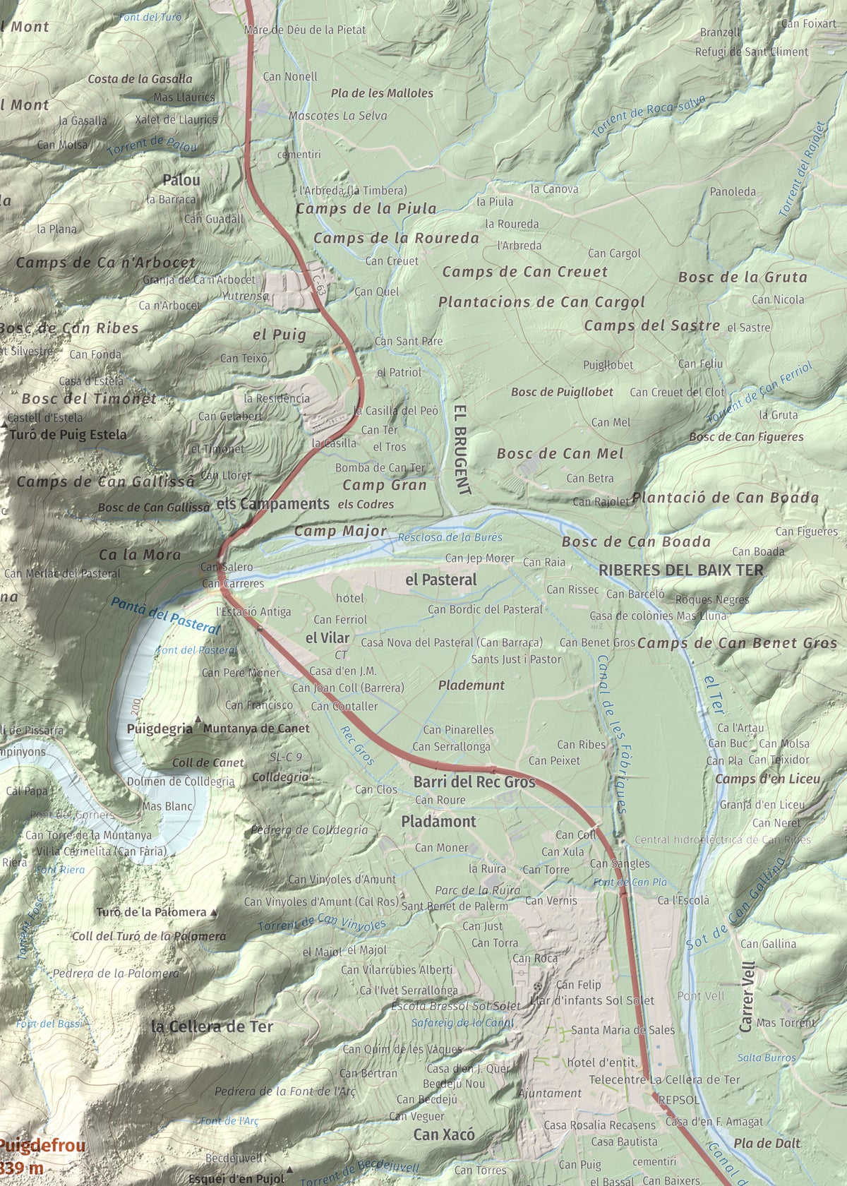 Mapa de relieve de Puigdefrou, 839 m, Selva, lámina 100 Cims de Trobart. Detalle de la zona superior derecha. 50 × 70 cm.