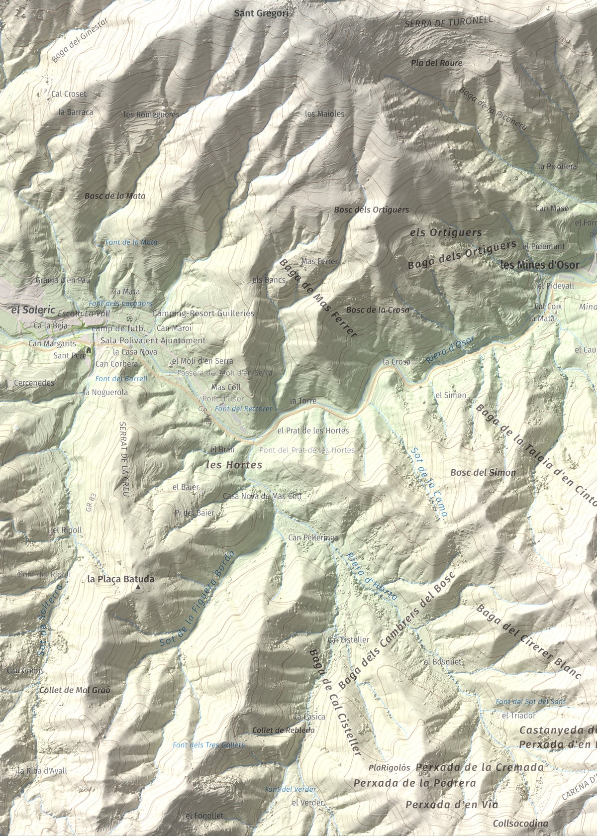 Mapa de relieve de Puigdefrou, 839 m, Selva, lámina 100 Cims de Trobart. Detalle de la zona inferior izquierda. 50 × 70 cm.