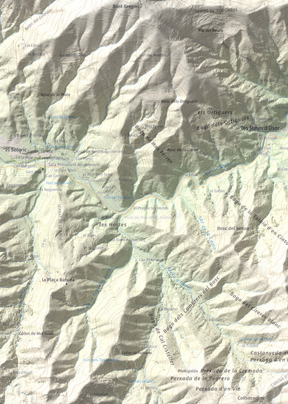Mapa de relieve de Puigdefrou, 839 m, Selva, lámina 100 Cims de Trobart. Detalle de la zona inferior izquierda. 50 × 70 cm.