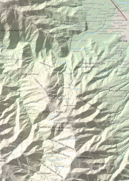 Mapa de relieve de Puigdefrou, 839 m, Selva, lámina 100 Cims de Trobart. Detalle de la zona inferior derecha. 50 × 70 cm.