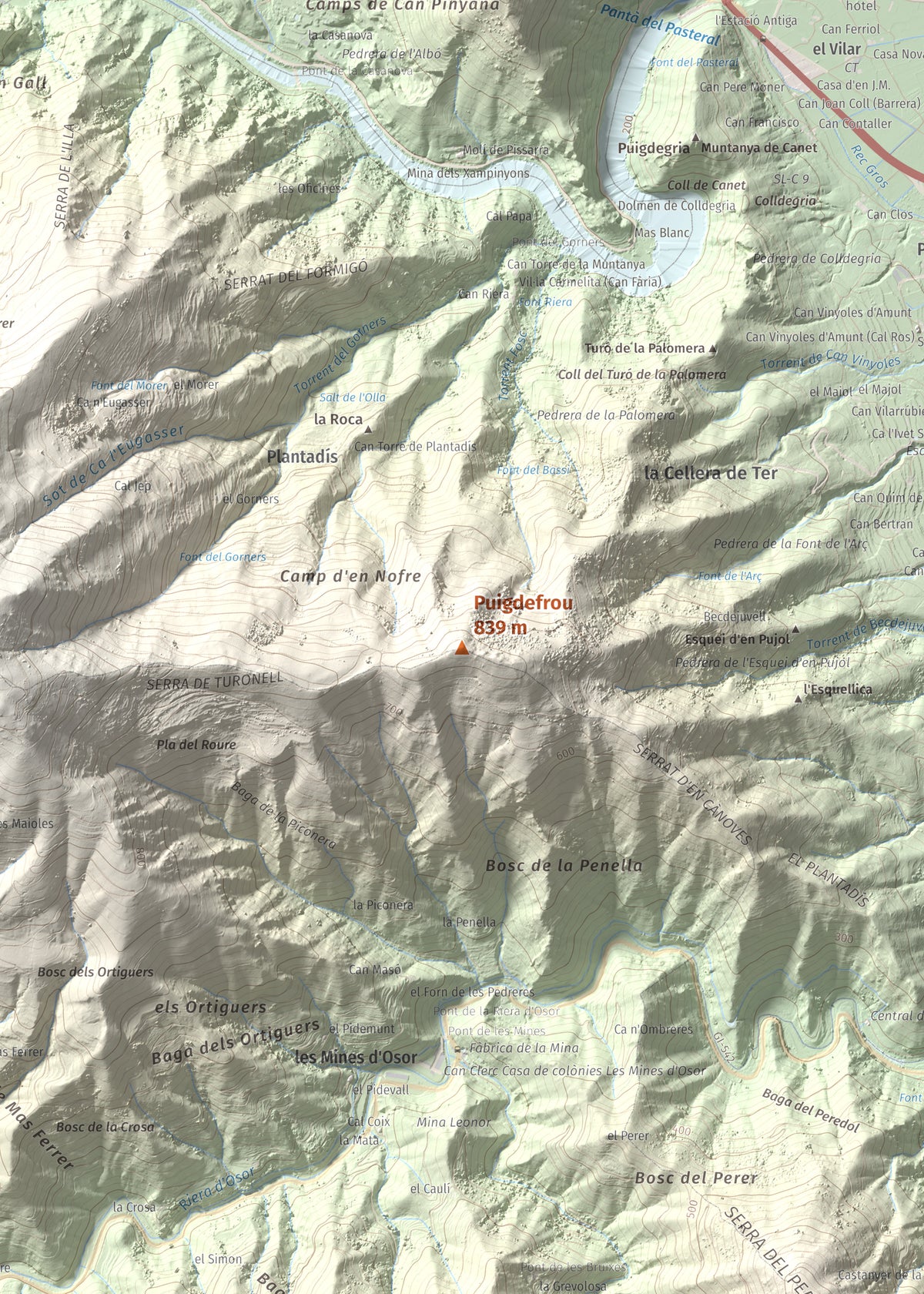 Mapa de relieve de Puigdefrou, 839 m, Selva, lámina 100 Cims de Trobart. Detalle de la zona central. 50 × 70 cm.
