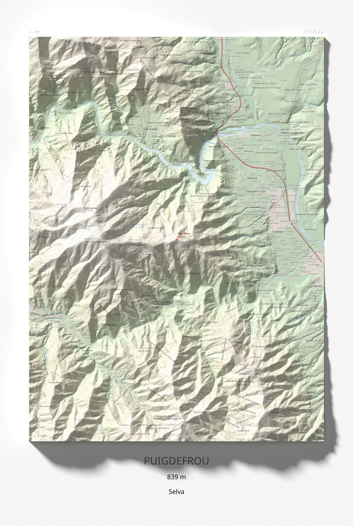 Mapa de relieve de Puigdefrou, 839 m, Selva, lámina 100 Cims de Trobart 61 × 91 cm.
