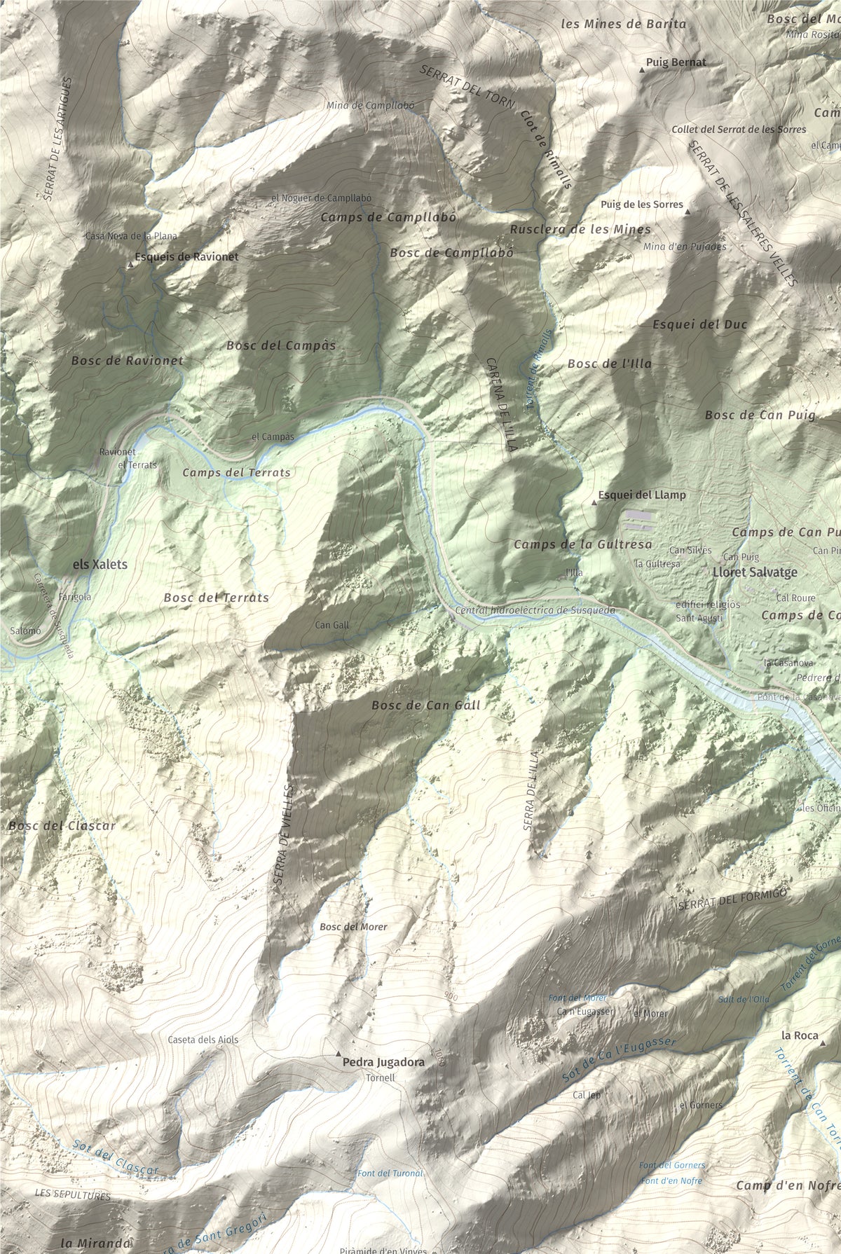 Mapa de relieve de Puigdefrou, 839 m, Selva, lámina 100 Cims de Trobart. Detalle de la zona superior izquierda. 61 × 91 cm.