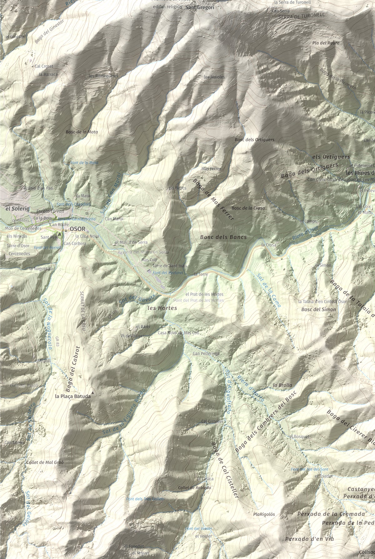 Mapa de relieve de Puigdefrou, 839 m, Selva, lámina 100 Cims de Trobart. Detalle de la zona inferior izquierda. 61 × 91 cm.