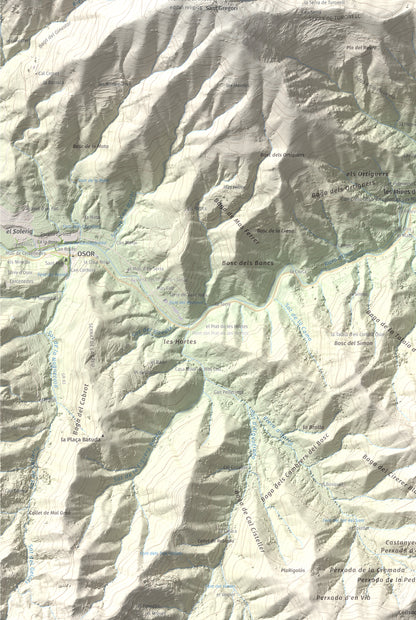 Mapa de relieve de Puigdefrou, 839 m, Selva, lámina 100 Cims de Trobart. Detalle de la zona inferior izquierda. 61 × 91 cm.