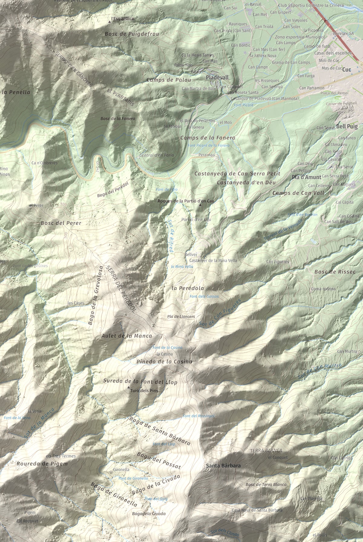 Mapa de relieve de Puigdefrou, 839 m, Selva, lámina 100 Cims de Trobart. Detalle de la zona inferior derecha. 61 × 91 cm.