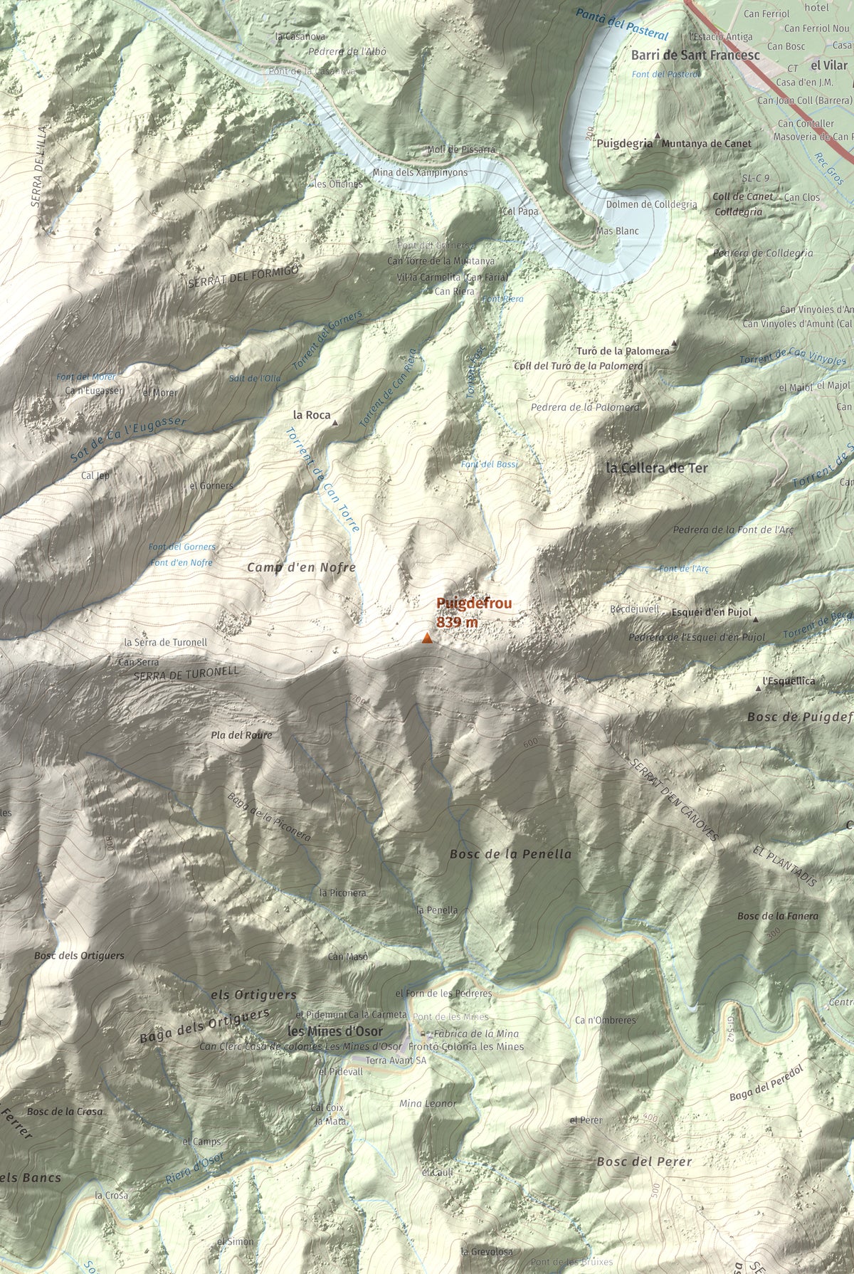 Mapa de relieve de Puigdefrou, 839 m, Selva, lámina 100 Cims de Trobart. Detalle de la zona central. 61 × 91 cm.