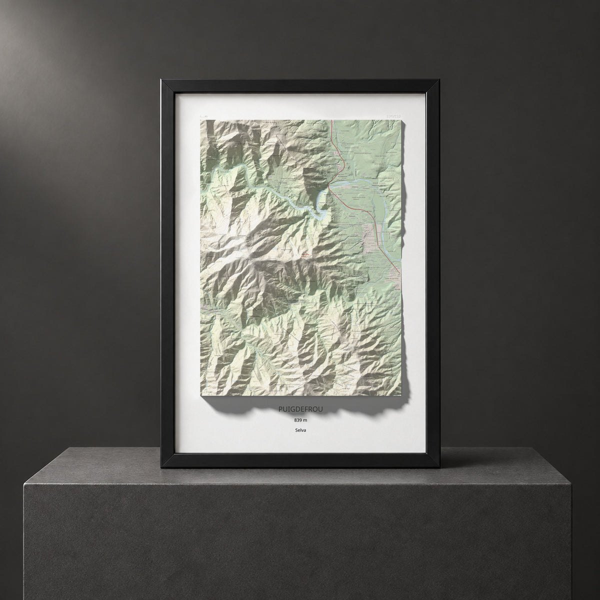 Mapa de relieve de Puigdefrou, 839 m, Selva, lámina 100 Cims de Trobart. Presentación enmarcada. 70 × 100 cm.