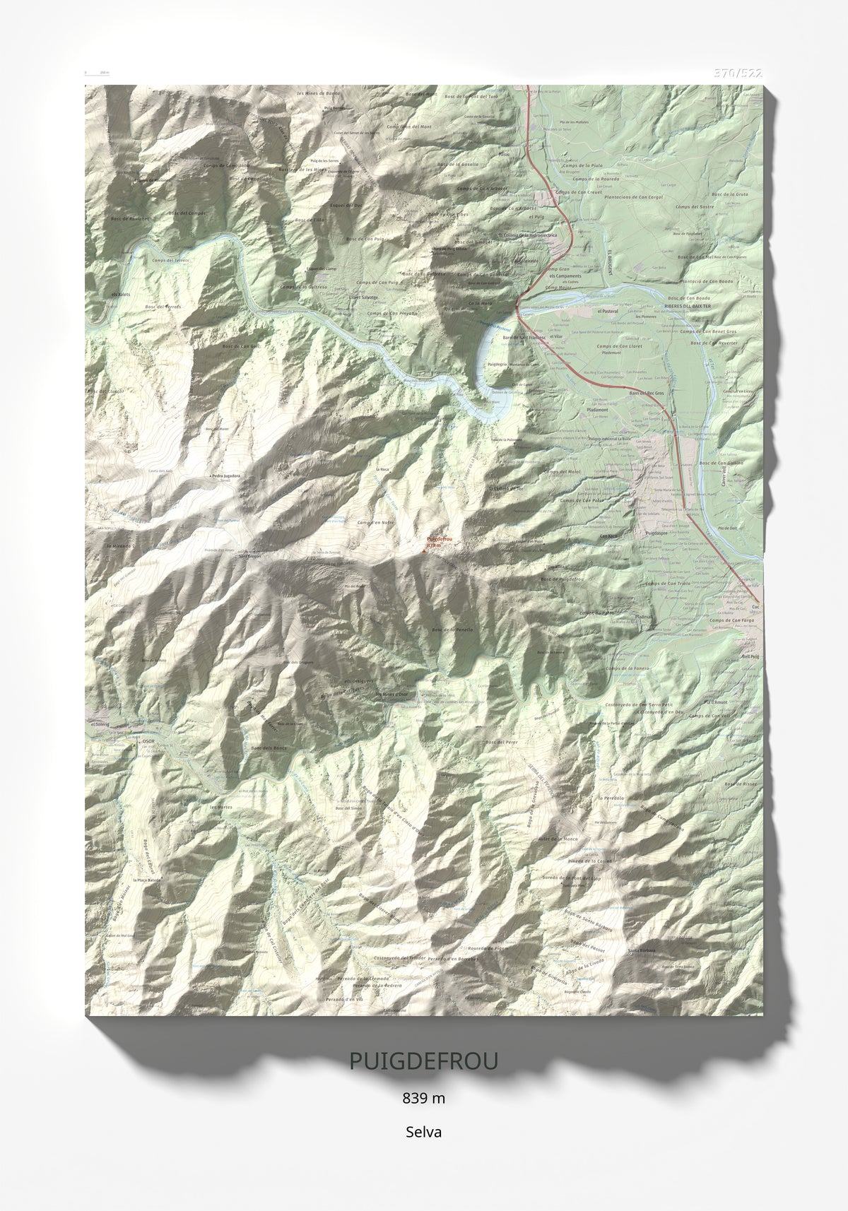 Mapa de relieve de Puigdefrou, 839 m, Selva, lámina 100 Cims de Trobart 70 × 100 cm.