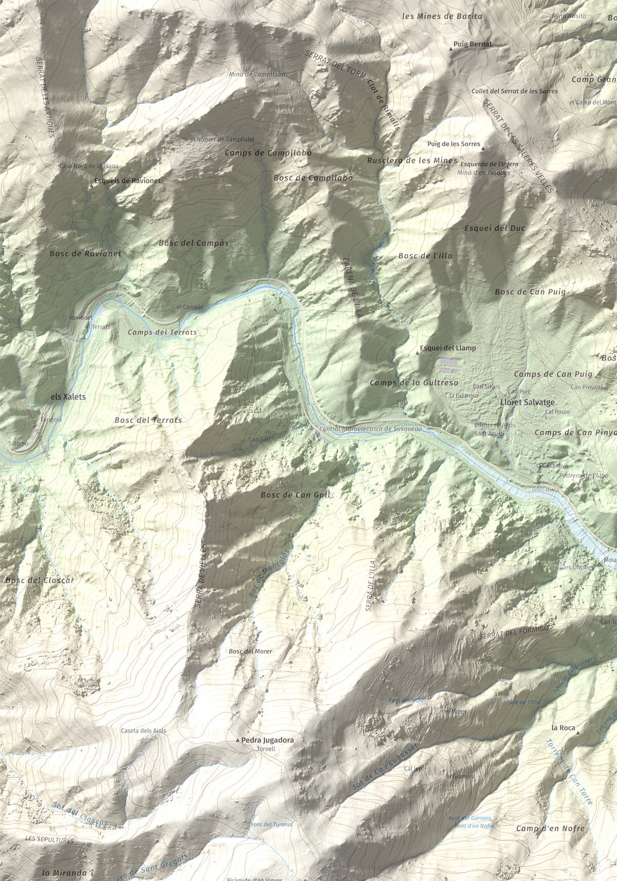 Mapa de relieve de Puigdefrou, 839 m, Selva, lámina 100 Cims de Trobart. Detalle de la zona superior izquierda. 70 × 100 cm.