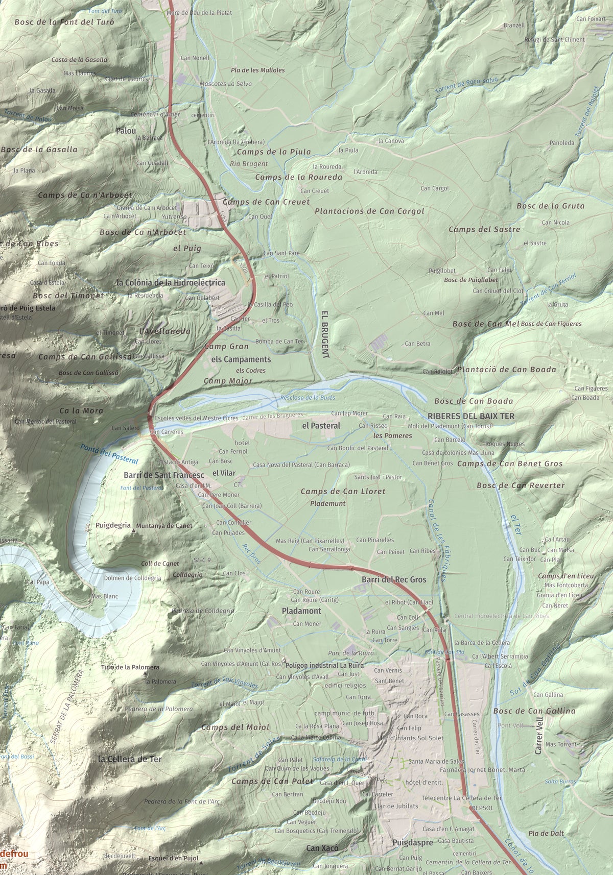Mapa de relieve de Puigdefrou, 839 m, Selva, lámina 100 Cims de Trobart. Detalle de la zona superior derecha. 70 × 100 cm.