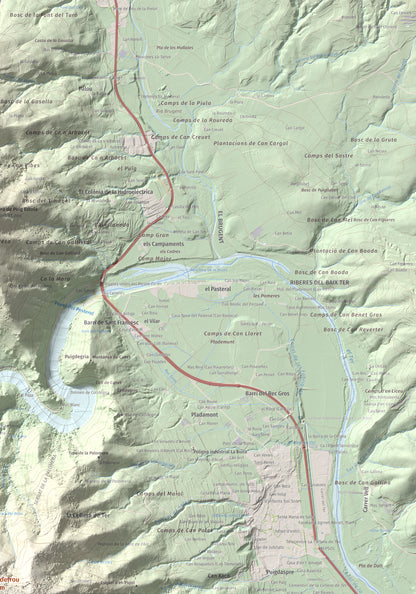 Mapa de relieve de Puigdefrou, 839 m, Selva, lámina 100 Cims de Trobart. Detalle de la zona superior derecha. 70 × 100 cm.