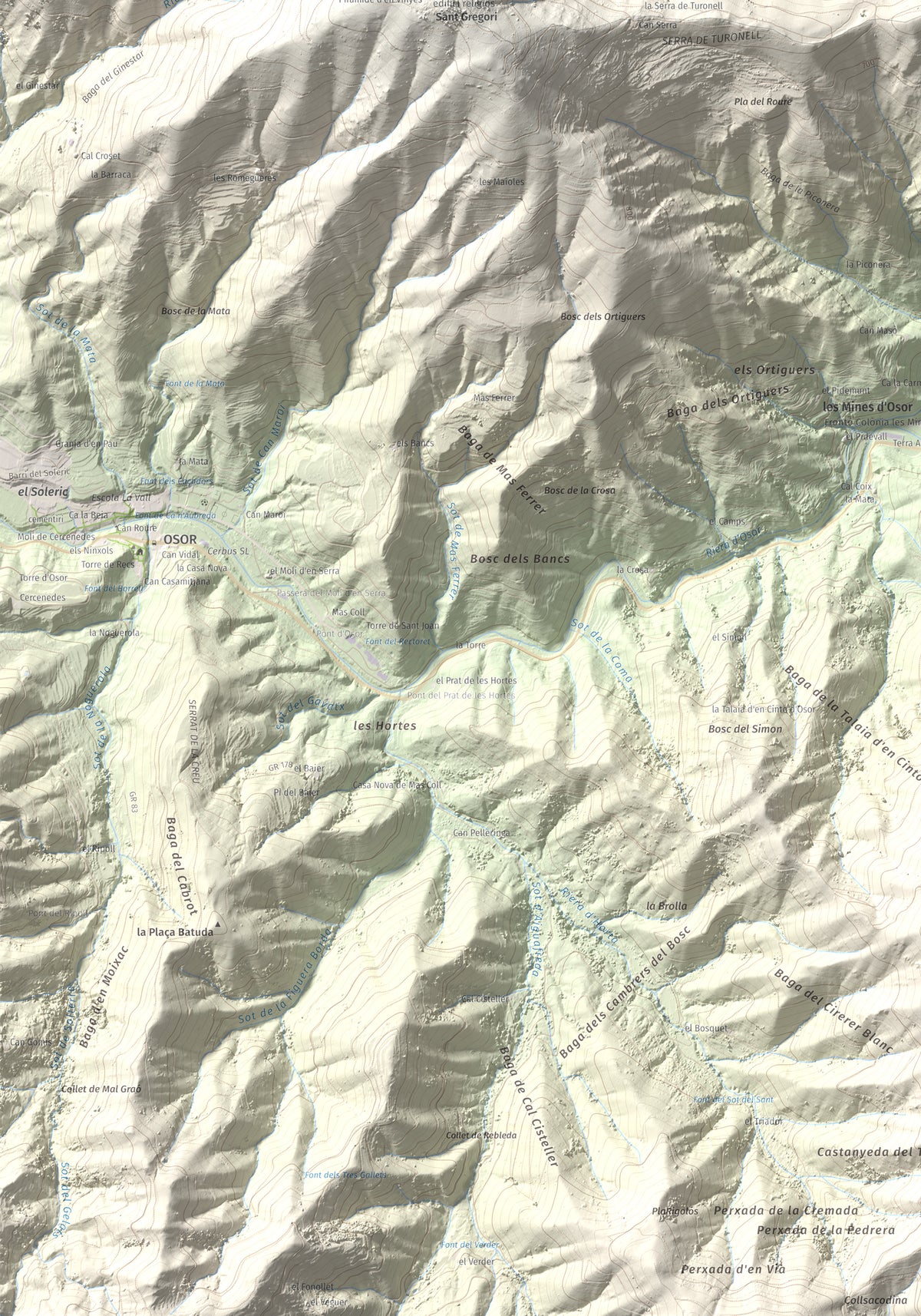 Mapa de relieve de Puigdefrou, 839 m, Selva, lámina 100 Cims de Trobart. Detalle de la zona inferior izquierda. 70 × 100 cm.