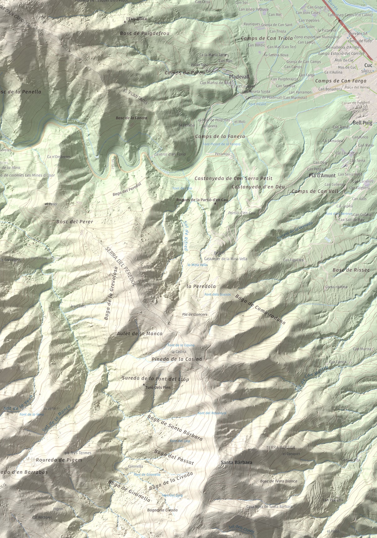 Mapa de relieve de Puigdefrou, 839 m, Selva, lámina 100 Cims de Trobart. Detalle de la zona inferior derecha. 70 × 100 cm.