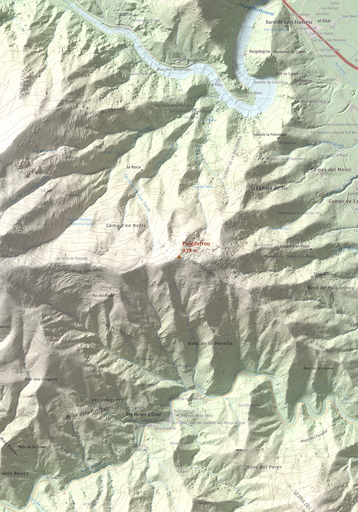 Mapa de relieve de Puigdefrou, 839 m, Selva, lámina 100 Cims de Trobart. Detalle de la zona central. 70 × 100 cm.