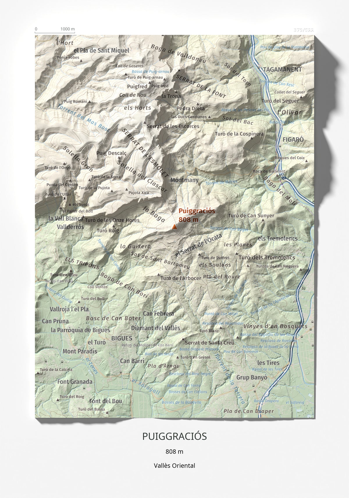 Mapa de relieve de Puiggraciós, 808 m, Vallès Oriental, lámina 100 Cims de Trobart 21 × 30 cm.