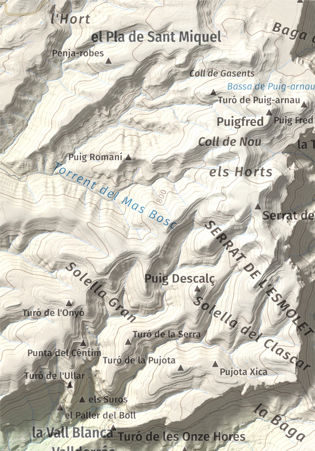 Mapa de relieve de Puiggraciós, 808 m, Vallès Oriental, lámina 100 Cims de Trobart. Detalle de la zona superior izquierda. 21 × 30 cm.