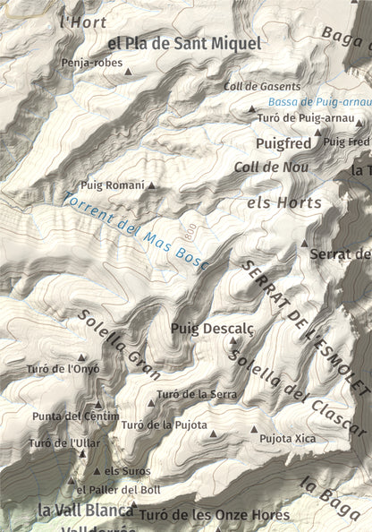 Mapa de relieve de Puiggraciós, 808 m, Vallès Oriental, lámina 100 Cims de Trobart. Detalle de la zona superior izquierda. 21 × 30 cm.