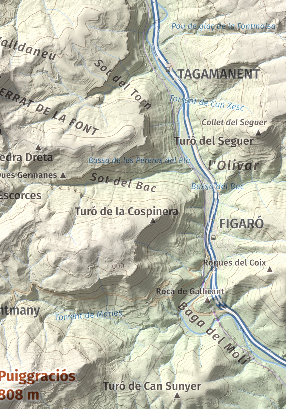 Mapa de relieve de Puiggraciós, 808 m, Vallès Oriental, lámina 100 Cims de Trobart. Detalle de la zona superior derecha. 21 × 30 cm.
