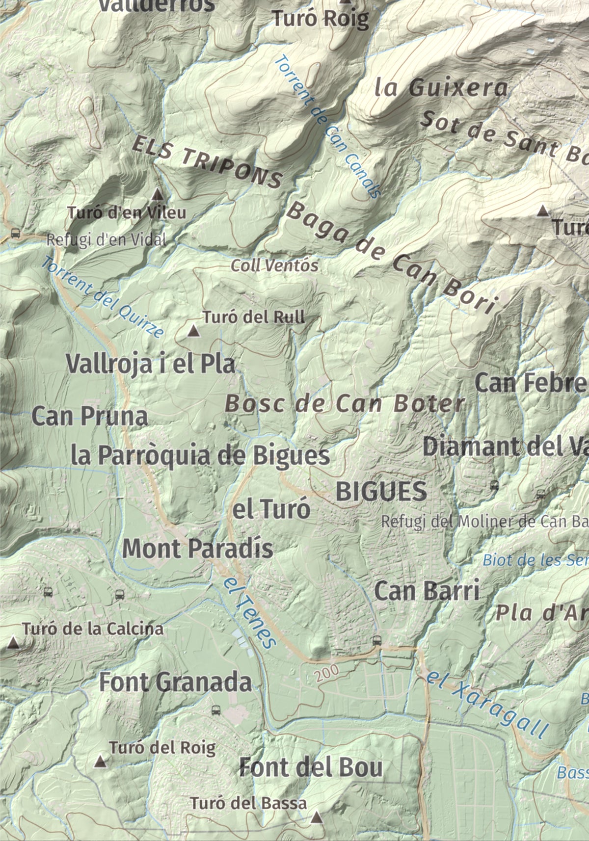 Mapa de relieve de Puiggraciós, 808 m, Vallès Oriental, lámina 100 Cims de Trobart. Detalle de la zona inferior izquierda. 21 × 30 cm.
