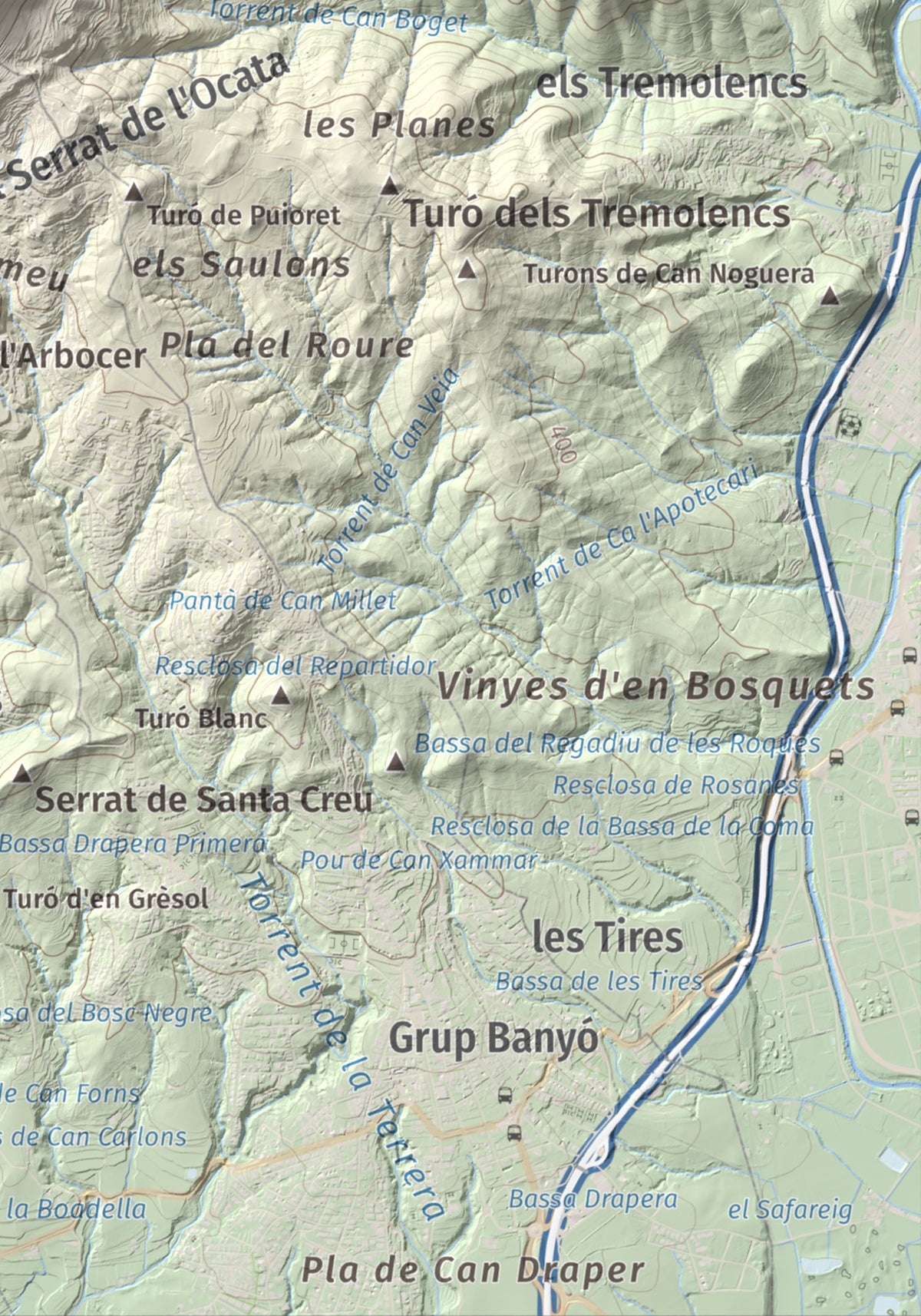 Mapa de relieve de Puiggraciós, 808 m, Vallès Oriental, lámina 100 Cims de Trobart. Detalle de la zona inferior derecha. 21 × 30 cm.