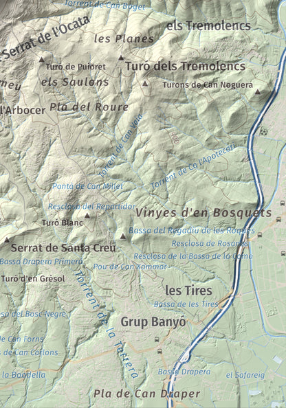 Mapa de relieve de Puiggraciós, 808 m, Vallès Oriental, lámina 100 Cims de Trobart. Detalle de la zona inferior derecha. 21 × 30 cm.