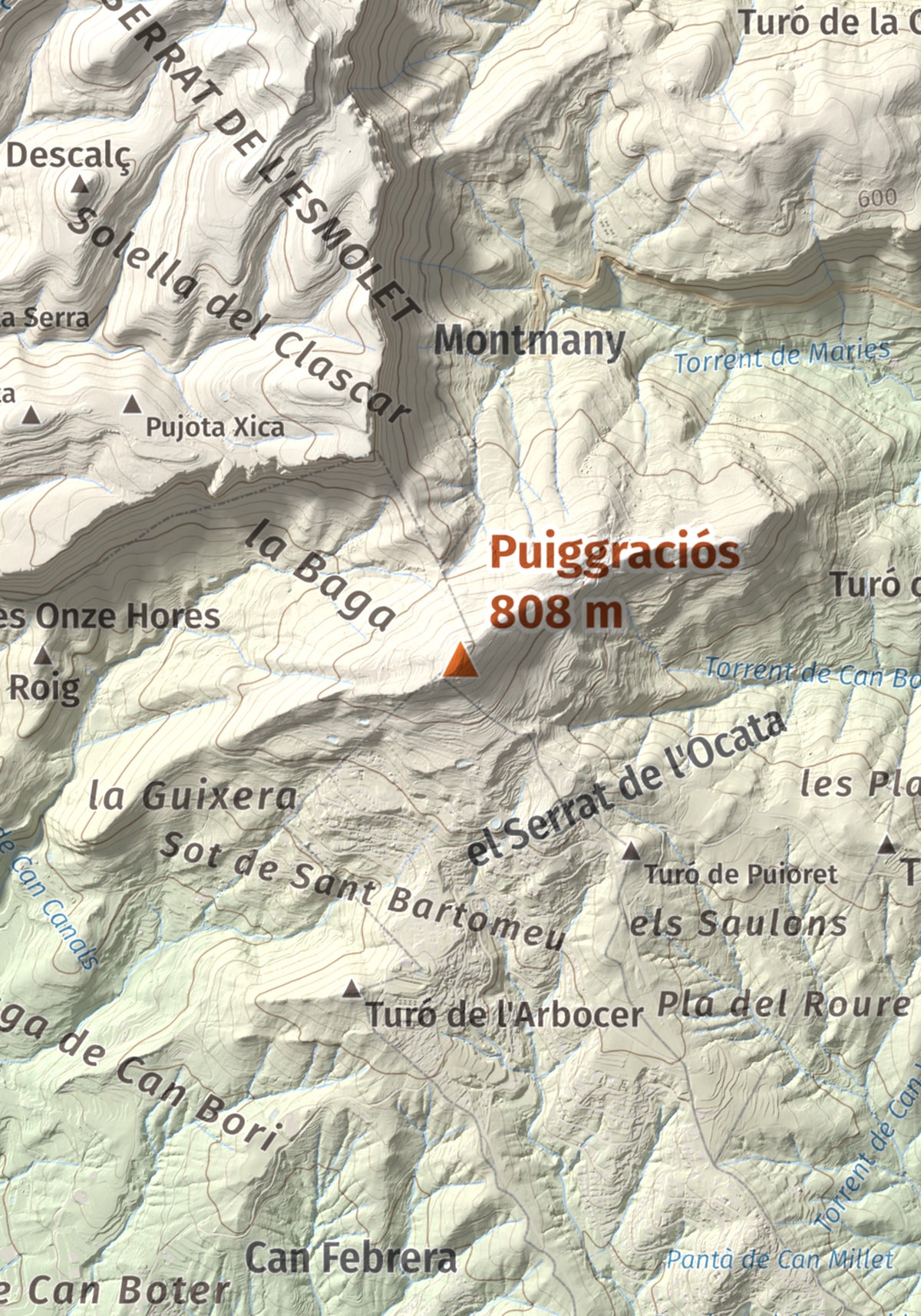 Mapa de relieve de Puiggraciós, 808 m, Vallès Oriental, lámina 100 Cims de Trobart. Detalle de la zona central. 21 × 30 cm.