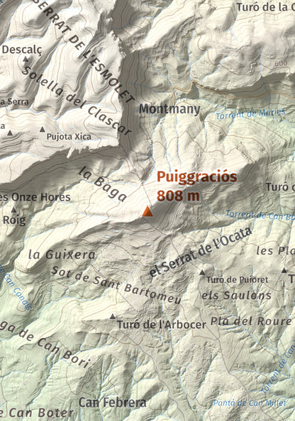 Mapa de relieve de Puiggraciós, 808 m, Vallès Oriental, lámina 100 Cims de Trobart. Detalle de la zona central. 21 × 30 cm.