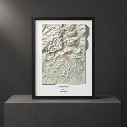 Mapa de relieve de Puiggraciós, 808 m, Vallès Oriental, lámina 100 Cims de Trobart. Presentación enmarcada. 30 × 40 cm.