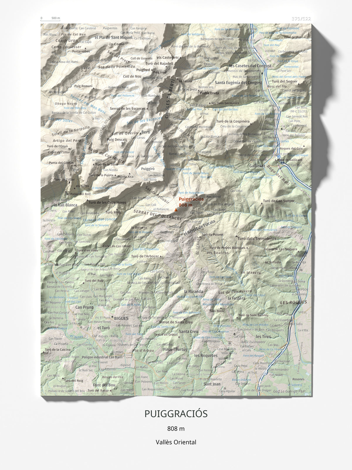 Mapa de relieve de Puiggraciós, 808 m, Vallès Oriental, lámina 100 Cims de Trobart 30 × 40 cm.
