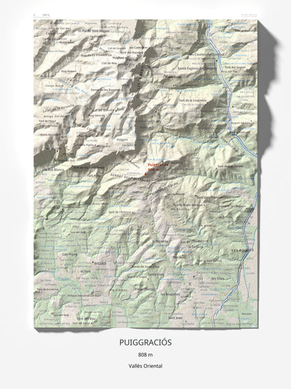 Mapa de relieve de Puiggraciós, 808 m, Vallès Oriental, lámina 100 Cims de Trobart 30 × 40 cm.