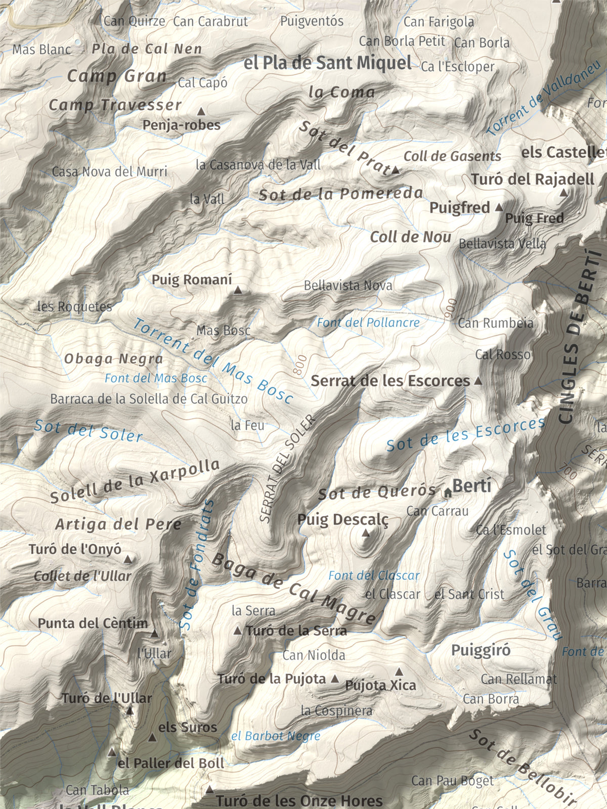 Mapa de relieve de Puiggraciós, 808 m, Vallès Oriental, lámina 100 Cims de Trobart. Detalle de la zona superior izquierda. 30 × 40 cm.