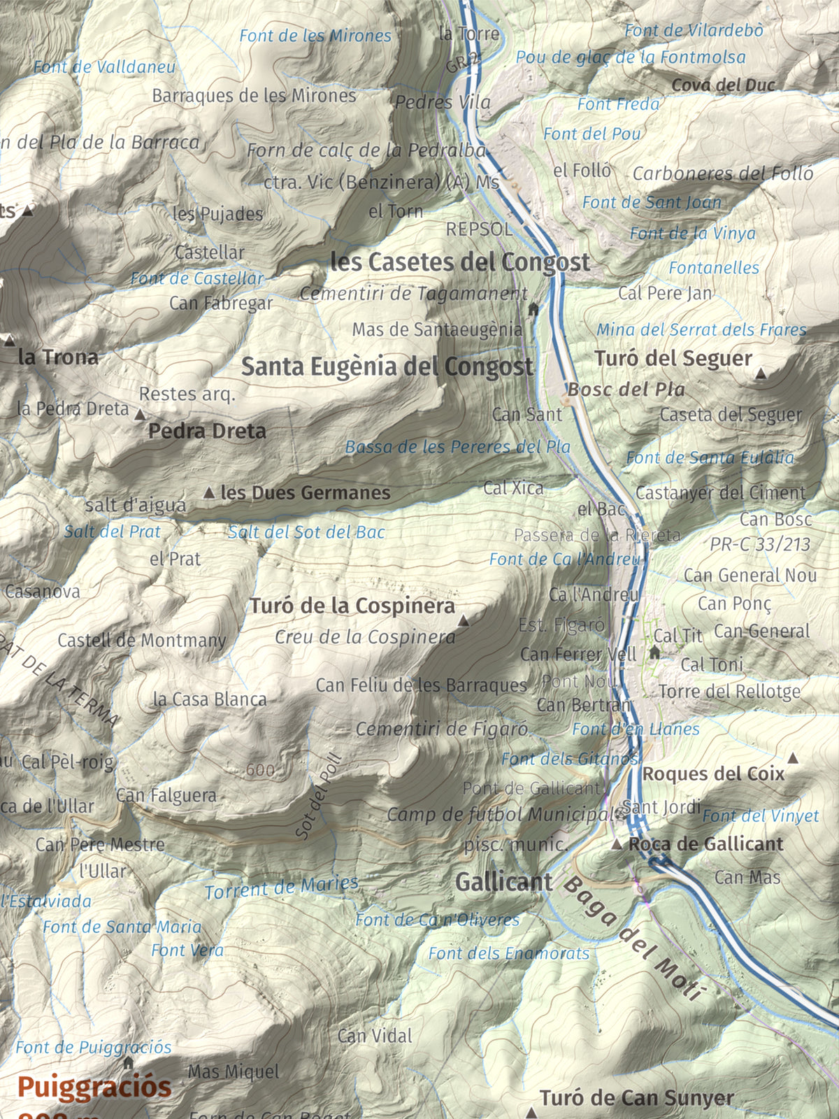 Mapa de relieve de Puiggraciós, 808 m, Vallès Oriental, lámina 100 Cims de Trobart. Detalle de la zona superior derecha. 30 × 40 cm.