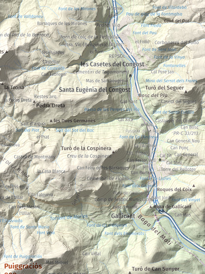 Mapa de relieve de Puiggraciós, 808 m, Vallès Oriental, lámina 100 Cims de Trobart. Detalle de la zona superior derecha. 30 × 40 cm.