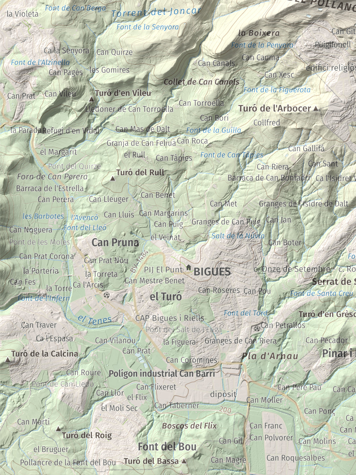 Mapa de relieve de Puiggraciós, 808 m, Vallès Oriental, lámina 100 Cims de Trobart. Detalle de la zona inferior izquierda. 30 × 40 cm.