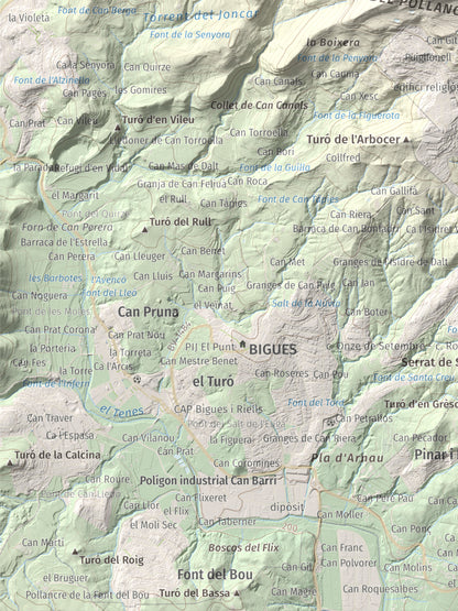 Mapa de relieve de Puiggraciós, 808 m, Vallès Oriental, lámina 100 Cims de Trobart. Detalle de la zona inferior izquierda. 30 × 40 cm.