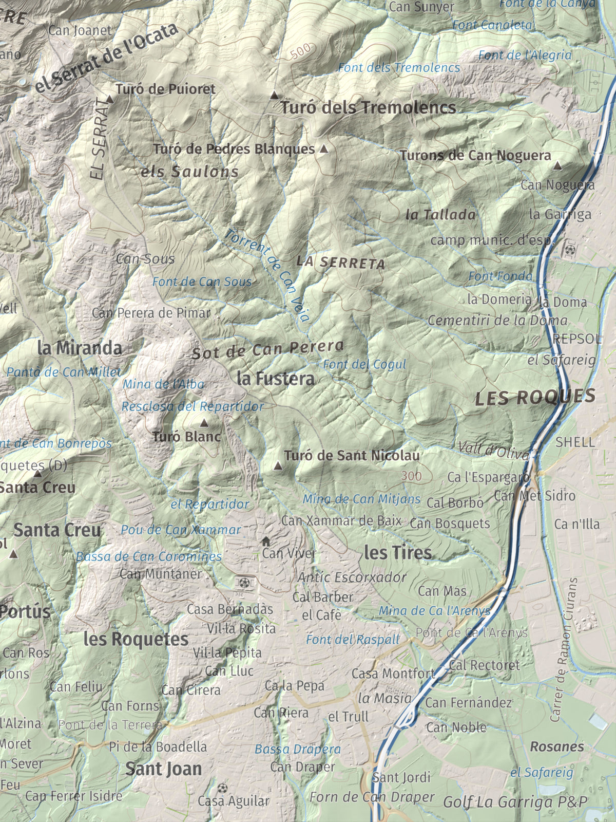 Mapa de relieve de Puiggraciós, 808 m, Vallès Oriental, lámina 100 Cims de Trobart. Detalle de la zona inferior derecha. 30 × 40 cm.