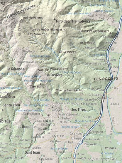 Mapa de relieve de Puiggraciós, 808 m, Vallès Oriental, lámina 100 Cims de Trobart. Detalle de la zona inferior derecha. 30 × 40 cm.