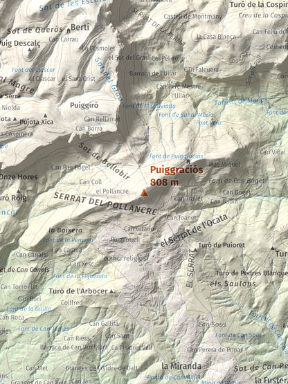 Mapa de relieve de Puiggraciós, 808 m, Vallès Oriental, lámina 100 Cims de Trobart. Detalle de la zona central. 30 × 40 cm.