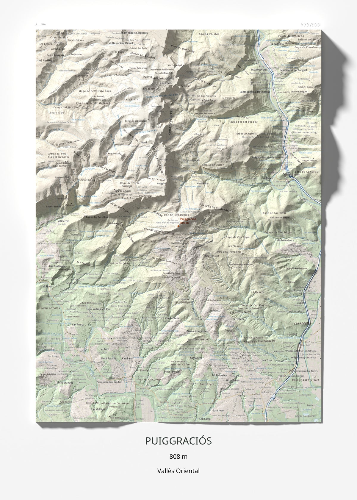 Mapa de relieve de Puiggraciós, 808 m, Vallès Oriental, lámina 100 Cims de Trobart 50 × 70 cm.