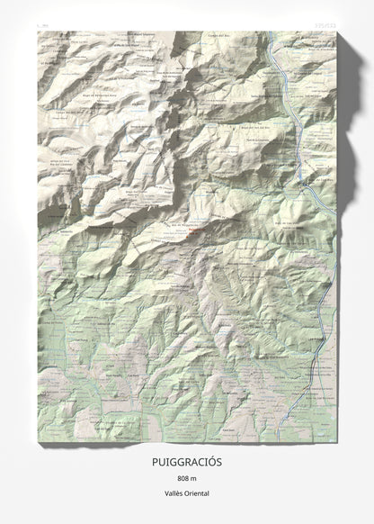 Mapa de relieve de Puiggraciós, 808 m, Vallès Oriental, lámina 100 Cims de Trobart 50 × 70 cm.