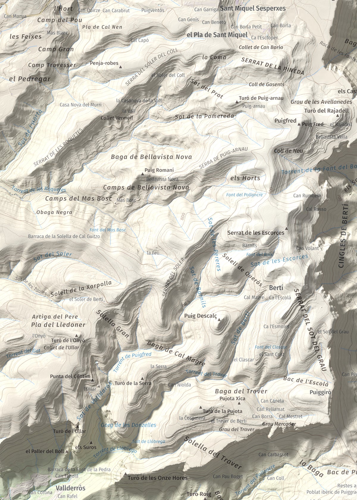 Mapa de relieve de Puiggraciós, 808 m, Vallès Oriental, lámina 100 Cims de Trobart. Detalle de la zona superior izquierda. 50 × 70 cm.