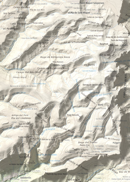 Mapa de relieve de Puiggraciós, 808 m, Vallès Oriental, lámina 100 Cims de Trobart. Detalle de la zona superior izquierda. 50 × 70 cm.