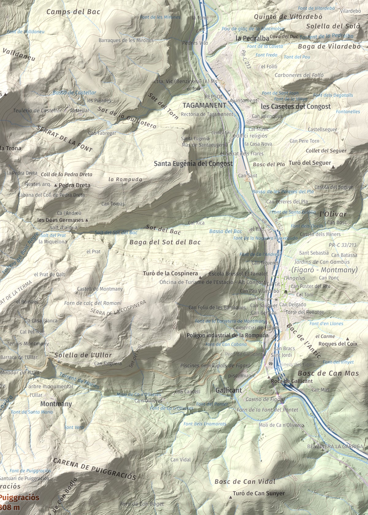Mapa de relieve de Puiggraciós, 808 m, Vallès Oriental, lámina 100 Cims de Trobart. Detalle de la zona superior derecha. 50 × 70 cm.